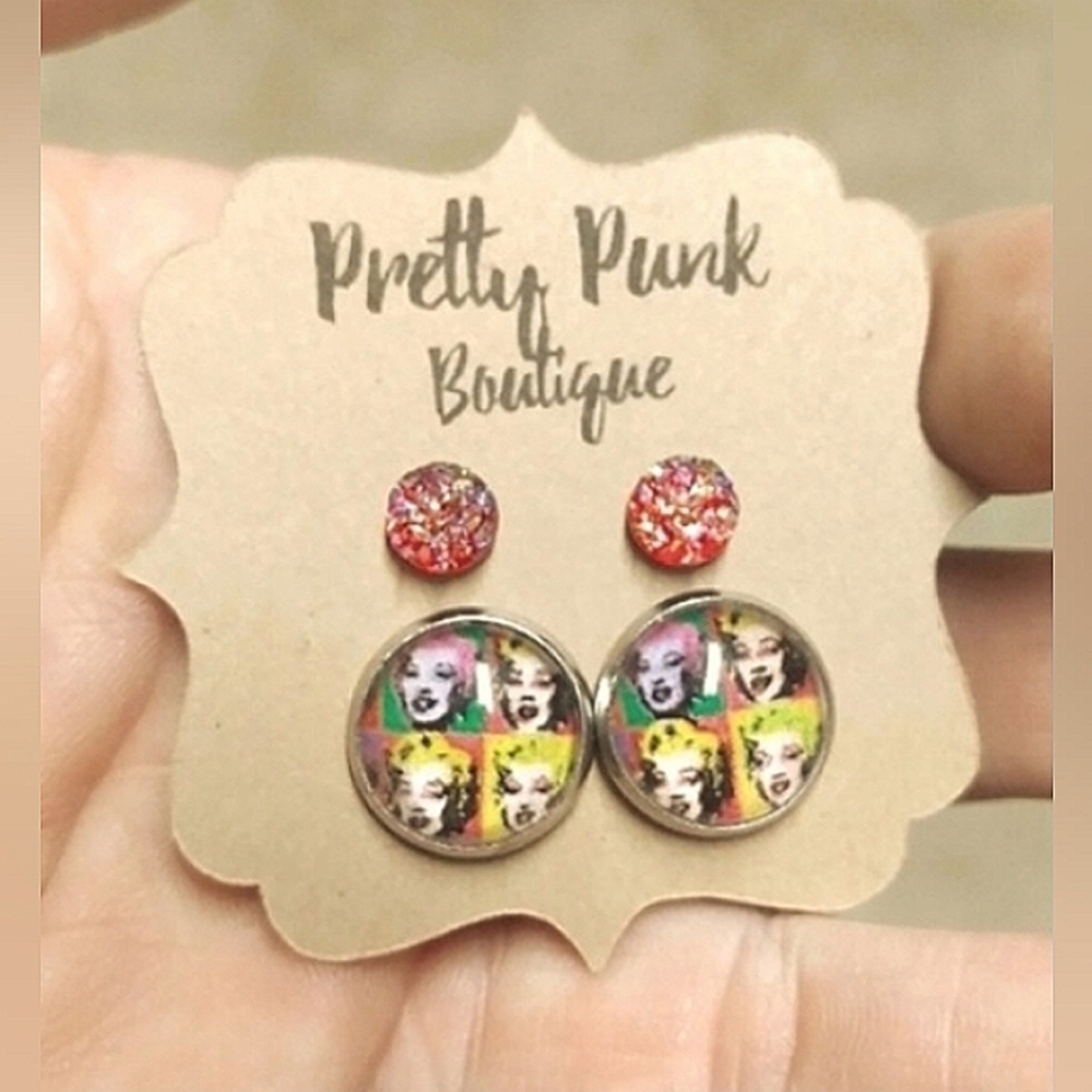 Technicolor Marilyn Monroe Stud Earrings, 12mm, 60s Andy Warhol, Stainless Steel